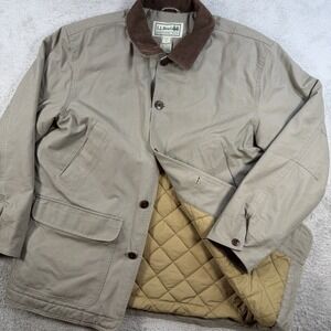 Vintage LL Bean Jacket Mens Large Khaki Chore Coat Corduroy Collar Quilted Barn
